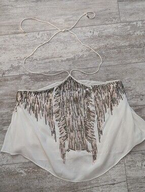 Free People White Halter Crop Top with Silver and Rose-Gold Sequin Fringe